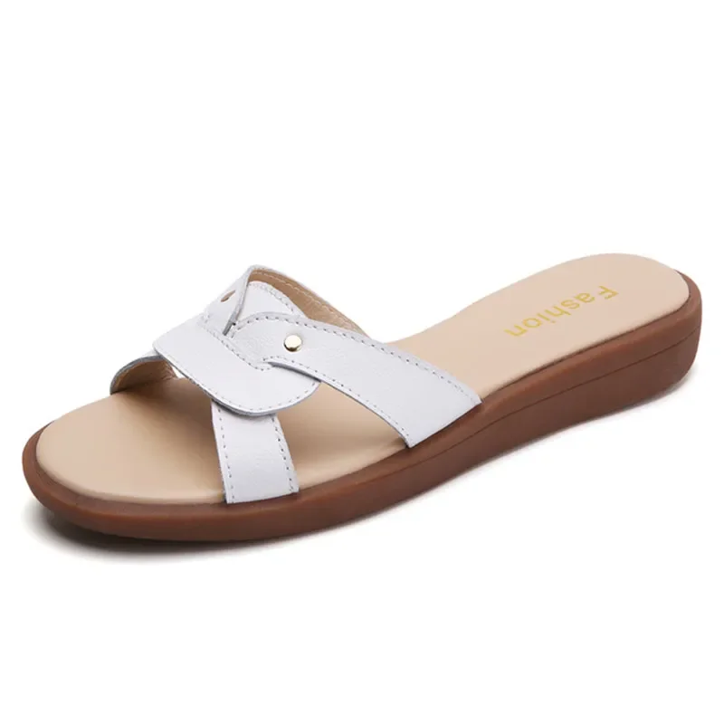 BEYARNE Summer Sandals Women Slippers Slip On Flat Slides Sandals Women Leather Slides Ladies Slippers Flip Flops Large Size