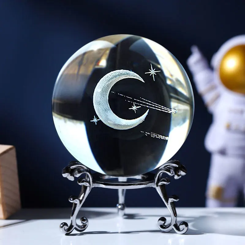 Carved Inside The 3D Crystal Ball Decoration Night Sky Meteor Moon Crystal Ornament Round Desktop Home Creative Small Decoration