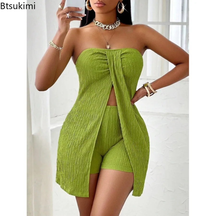 

2026 New Women's Short Set Strapless Tunic Top with High Waisted Shorts Two Piece Set Summer Casual Beach Vacation Party Outfit