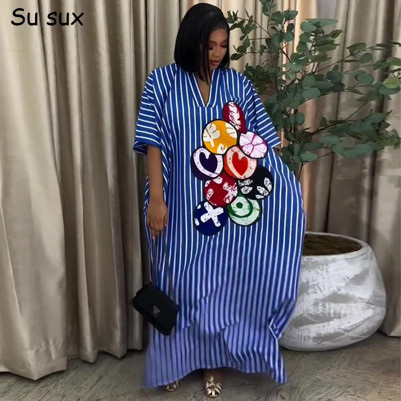 ストライプ柄vネックマキシワンピース-アフリカンドレス-レディース-2026-夏-プラスサイズ-アフリカ服-ホリデービーチローブ