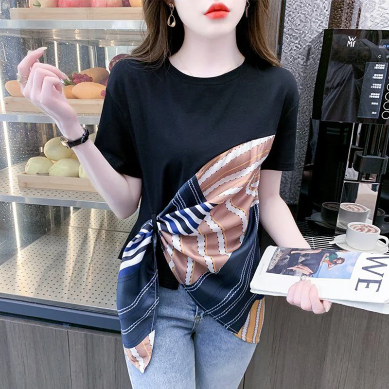 Estate New O Neck sciarpa di seta irregolare Patchwork Trend Fashion Tees donna allentata Casual All-match pullover t-shirt da donna