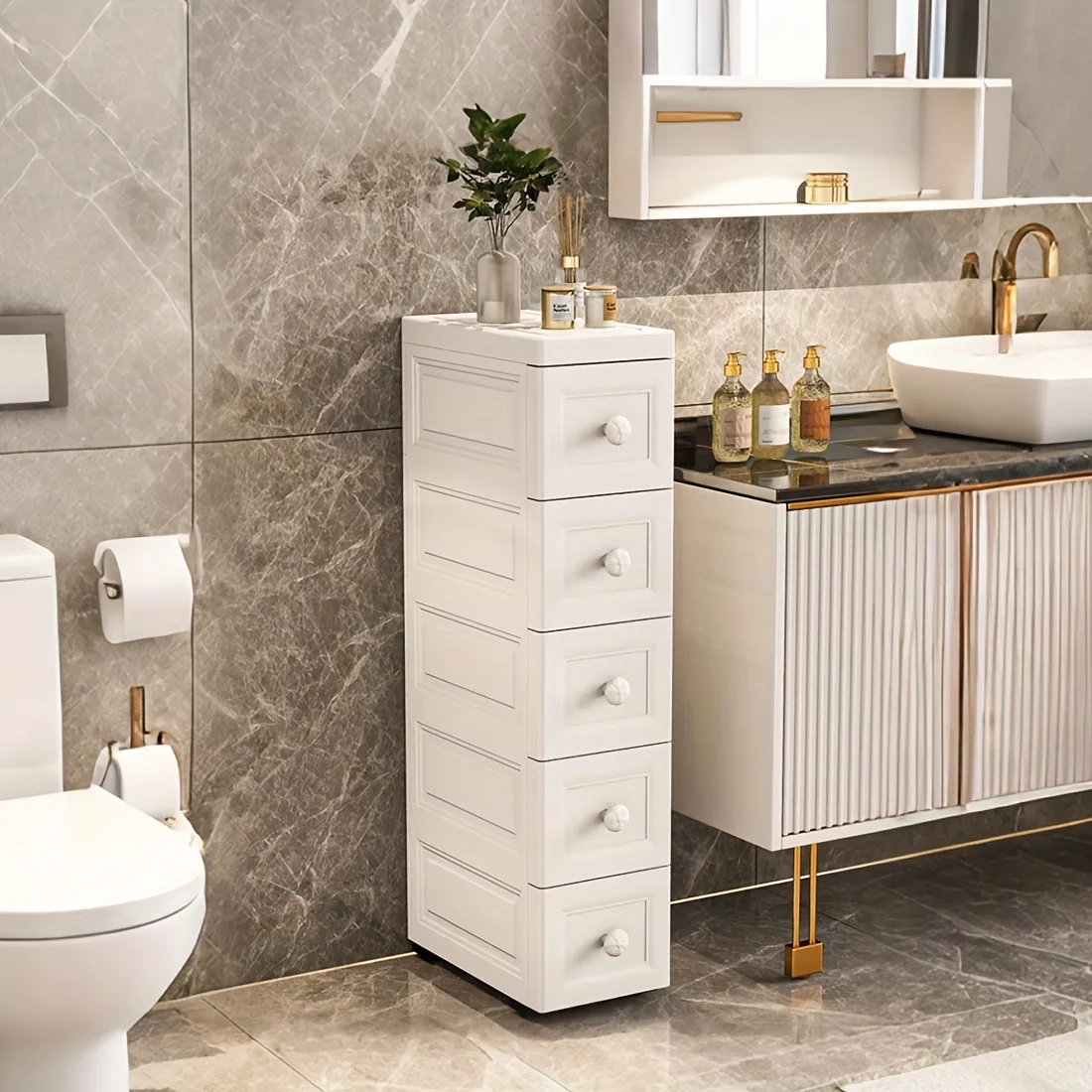 

6-inch Slim Storage Cabinet Organizer with Stackable Drawers - Multitier Narrow Plastic Shelving Unit for Bathroom, Bedroom