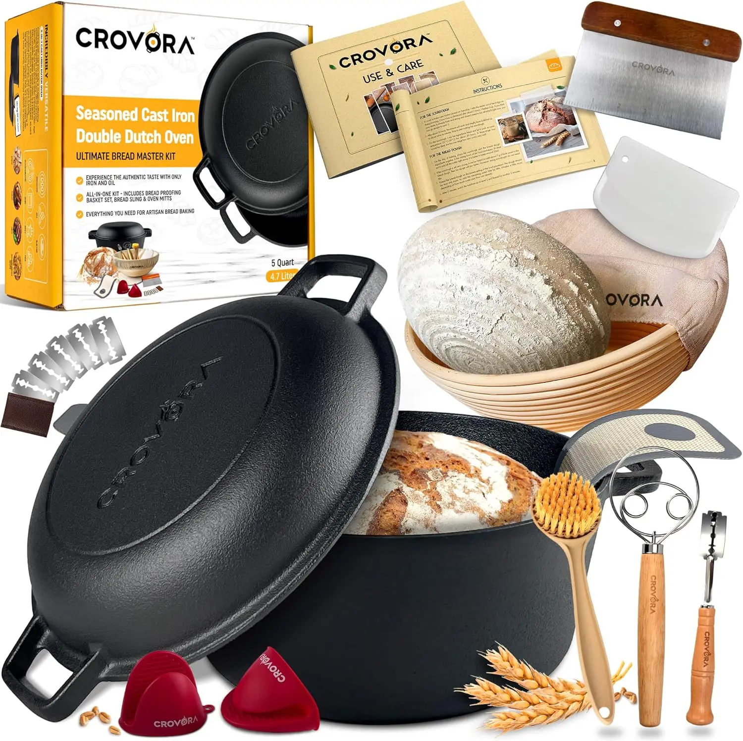 

Pre-Seasoned Cast Iron Dutch Oven for Bread Baking with Skillet Lid - 5QT Bread Pan, Banneton Basket & More