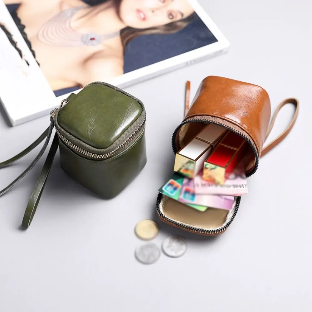 

Portable Small Square Coin Purse Leather Lipstick Storage Zipper Wallet Card Holder Wrist Bag Mini Storage Bag Women