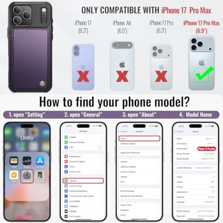 حافظة محفظة واقية أرجوانية مع حامل بطاقات مدمج وحجب RFID لهاتف iPhone 17 Pro Max 6.9 تتميز بمسند وSh