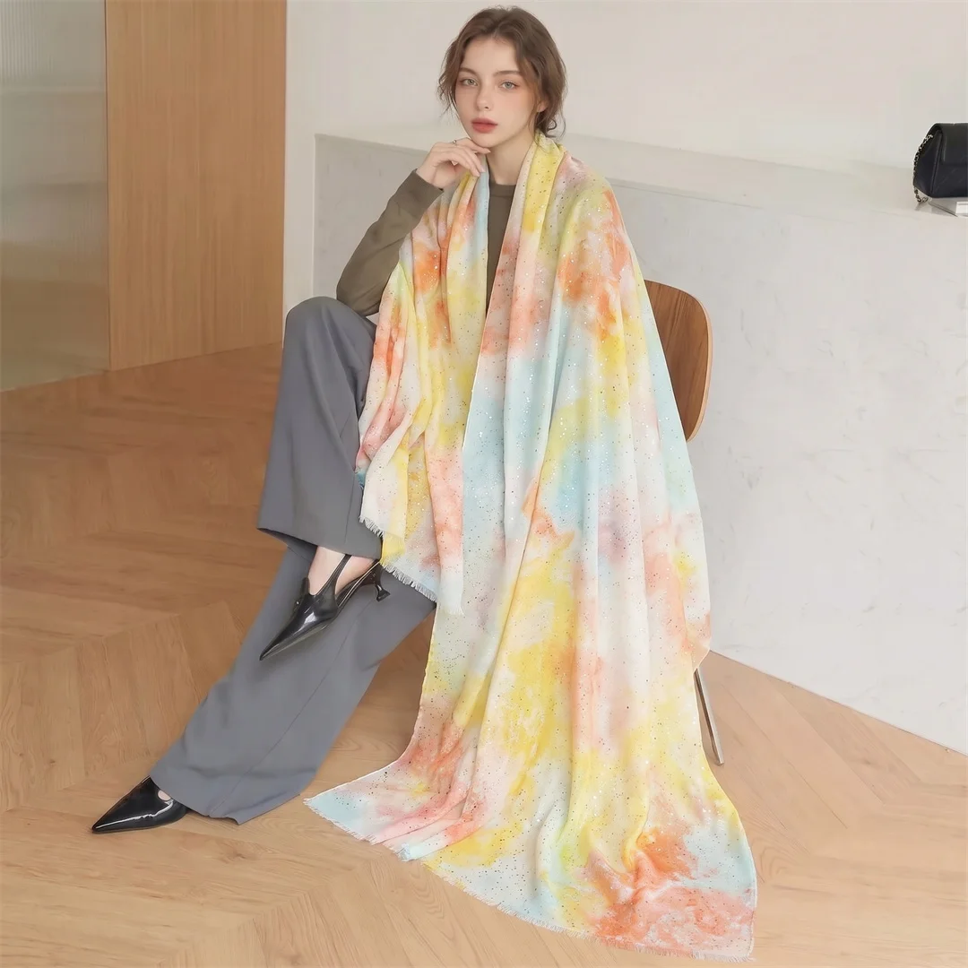 2026 Pastel Tie Dye Cotton Linen Scarf Women Glitter Tassel Shawl Ladies Headscarf Beach Travel Office Commute Casual Wear