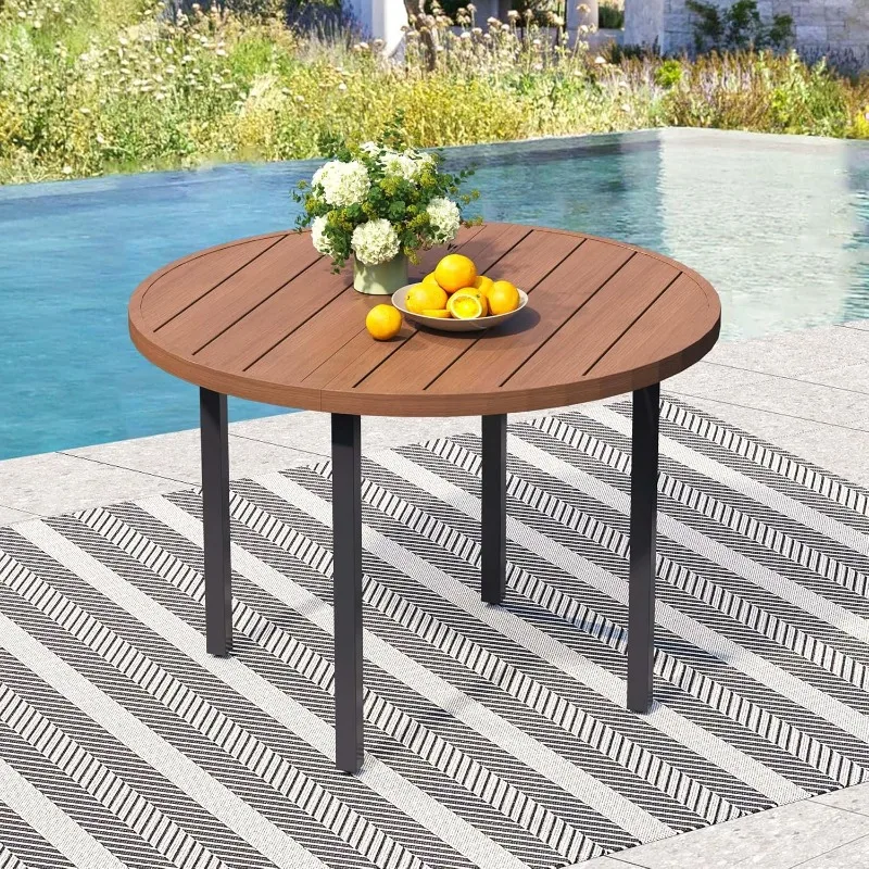 

42" Round Outdoor Dining Table for 4, Metal Patio Table with Umbrella Hole, Small Outdoor Cocktail Table for Garden,Walnut