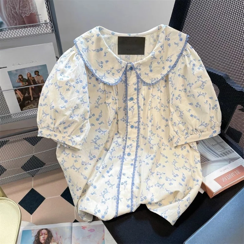 EBAIHUI French Floral Women's Shirt Summer Loose Peter Pan Collar Ladies Short Sleeved Blouse Casual Lace Patchwork Cute Blusas