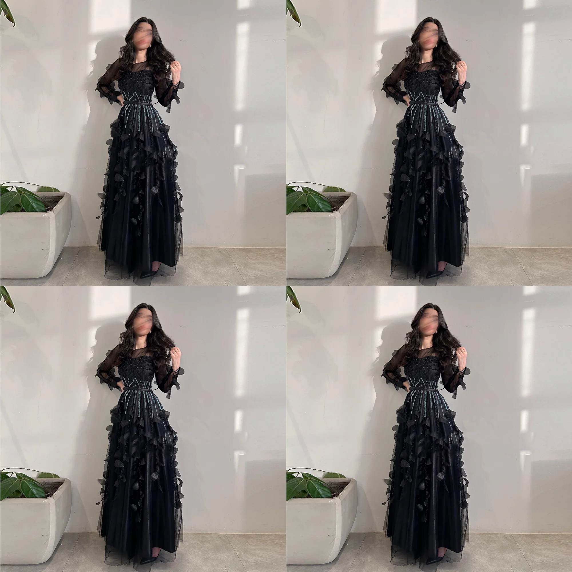 

Women's O-neck Tulle Ruffles A-line Evening Dress Fashion Beaded Crystal Long Saudi Gown with Long Illusion Sleeve Customized