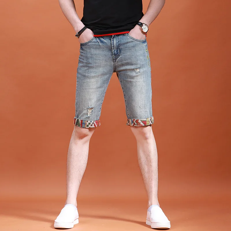 Ripped Embroidered jeans Shorts Men's Summer Thin Breathable Slim Stretch Fashion Street Personality Retro High-End Denim capris