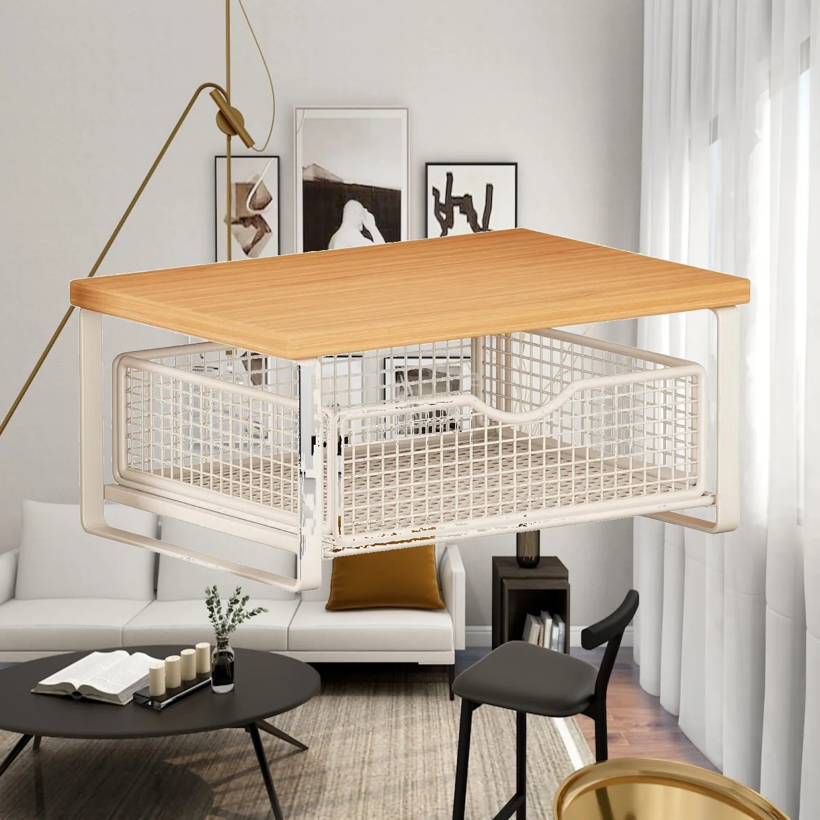 Desktop Printer Stand Install Two-Desktop Shelf Organzier Wood-Look Wire Drawer Basket Organizer