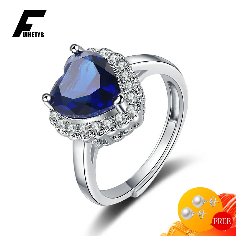 

FUIHETYS New Heart Shape Ring with Sapphire Zircon Gemstone 925 Silver Jewelry Accessories Open Finger Rings for Women Wedding