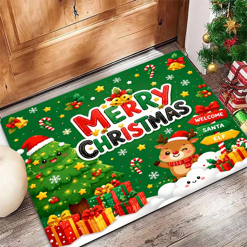 Festive Floor Merry Christmas Tree Reindeer Artwork, Christmas Area Rug for Entrance Hall Living Room Space Decor Rug