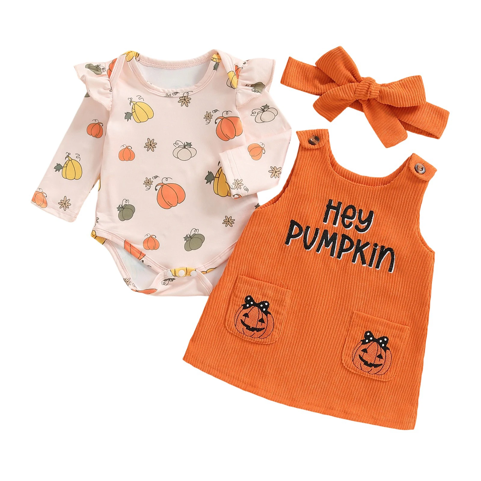 Baby Girl Halloween Pumpkin 3 Piece Outfit Corduroy Overall Dress Bodysuit Bow Headband Fall Costume