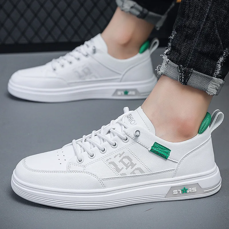 Casual sports small white shoes 2024 new Korean version of Men's leather anti-skateboard shoes elastic foot shoes