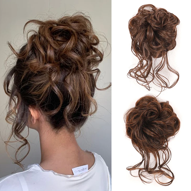 Messy Curly Hair Bun Extensions Elastic Scrunchy Hairpiece for Women Brown Synthetic Curls Chignon Fake Hair Buns Heat Resistant