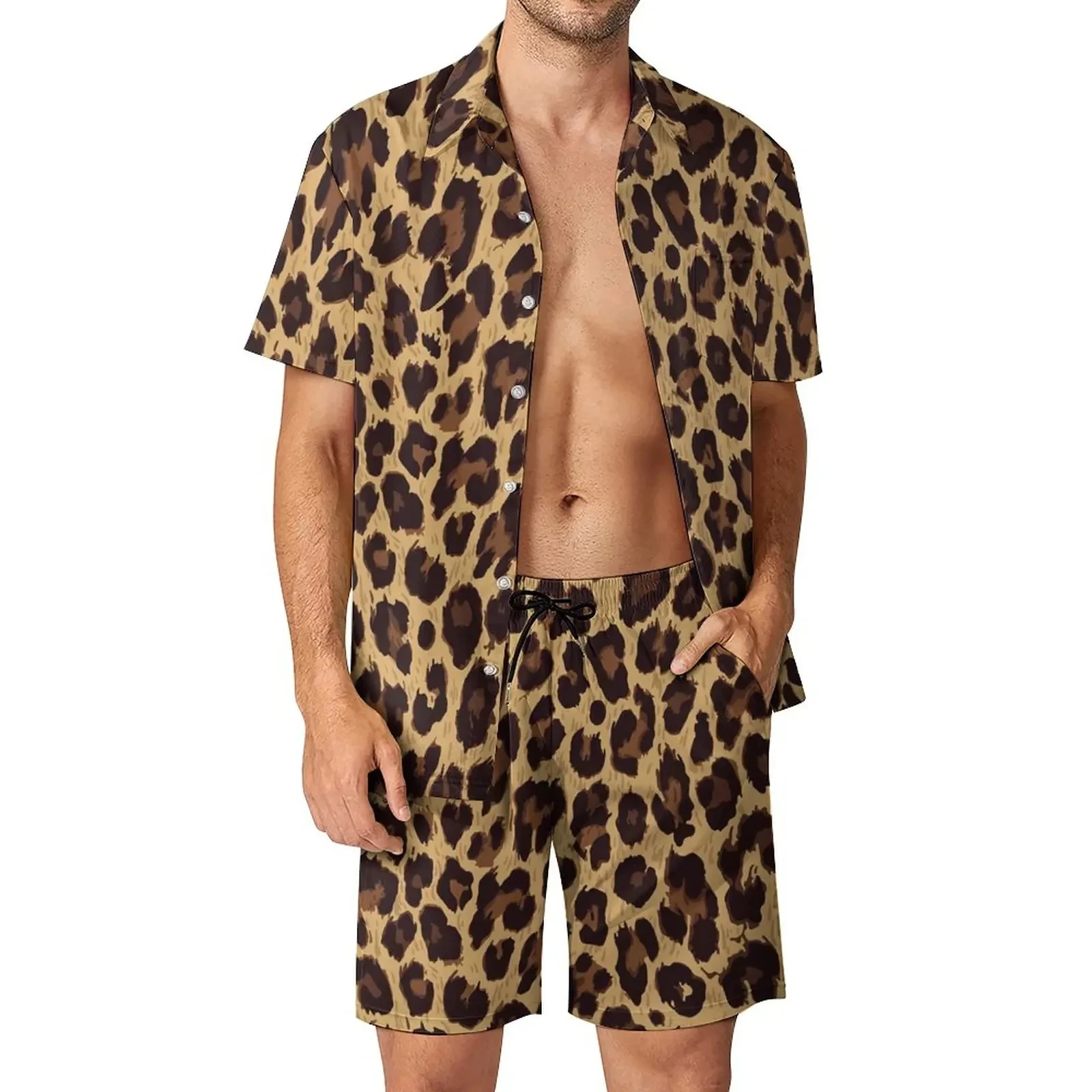 Leopard Animal Pattern Shirt 2Pcs Sets 3D Men Casual Fashion Sleeves Shirts Oversized Beach Shorts Hawaiian Streetwear Suits