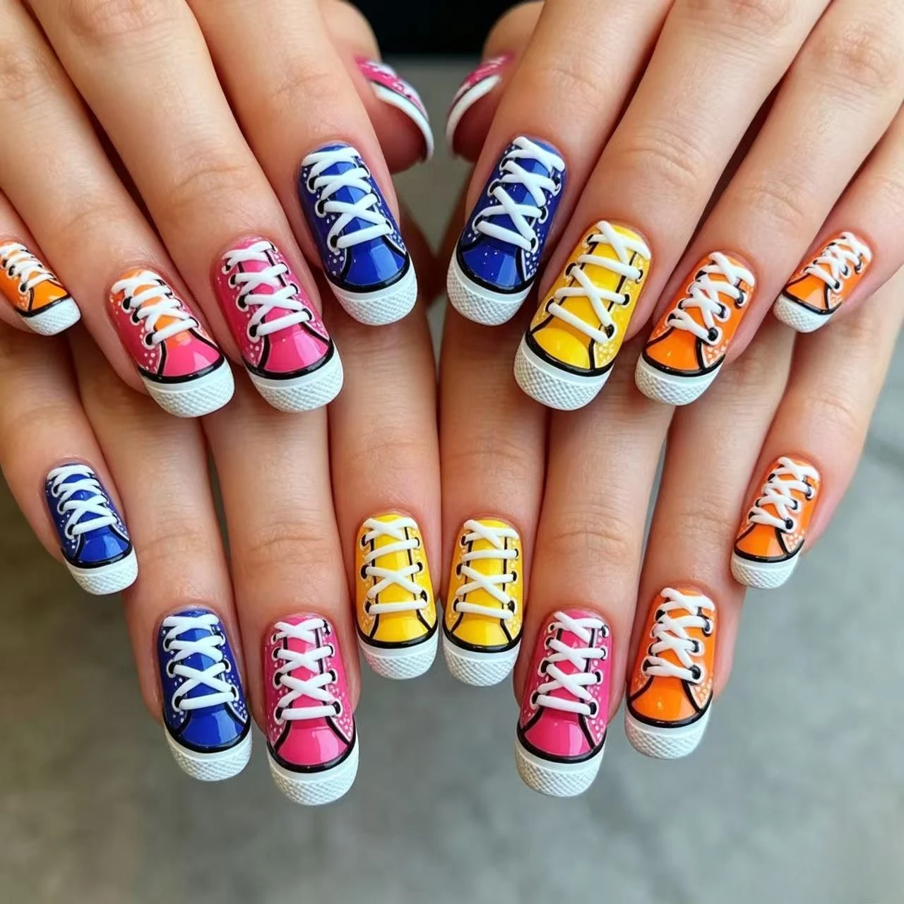 Medium Square fake nails for women Y2K fashion shoes print red blue rose orange yellow colors full cover tips press on nails