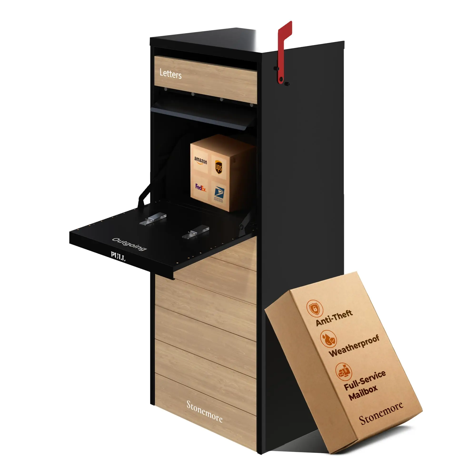 Cali USPS Compatible Mailbox, Classic Black/Oak Package Mailbox, Anti-Theft Locking Parcel Drop Box for Porch Or