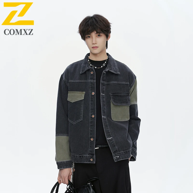 Jaket Denim Taktik Pria Tahan Air Tahan Angin Gaya Amerika Blok Warna Longgar Cocok Luar Ruangan Kasual Bernapas Pakaian Luar Antik 2025