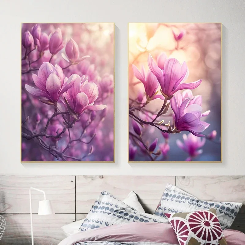 Multiple sizes 1pc frameless Canvas Painting,Beautiful Magnolia Flowers Posters Print Modern HD Plants Flowers Canvas Painting W