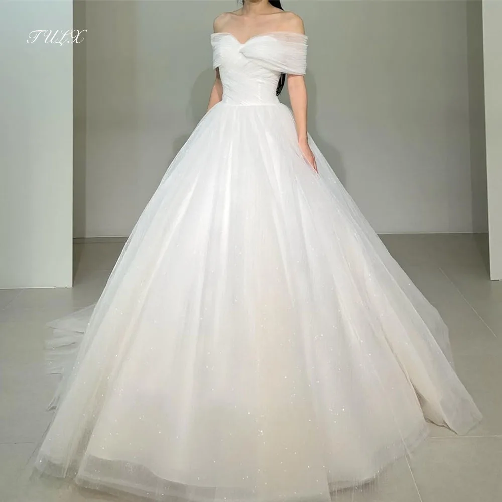 

TULX Ivory Sparkly Tulle Wedding Dress Korea Photo Shoot Off Shoulder Wrinkle Bridal Gowns Long Corset Customized 웨딩드레스