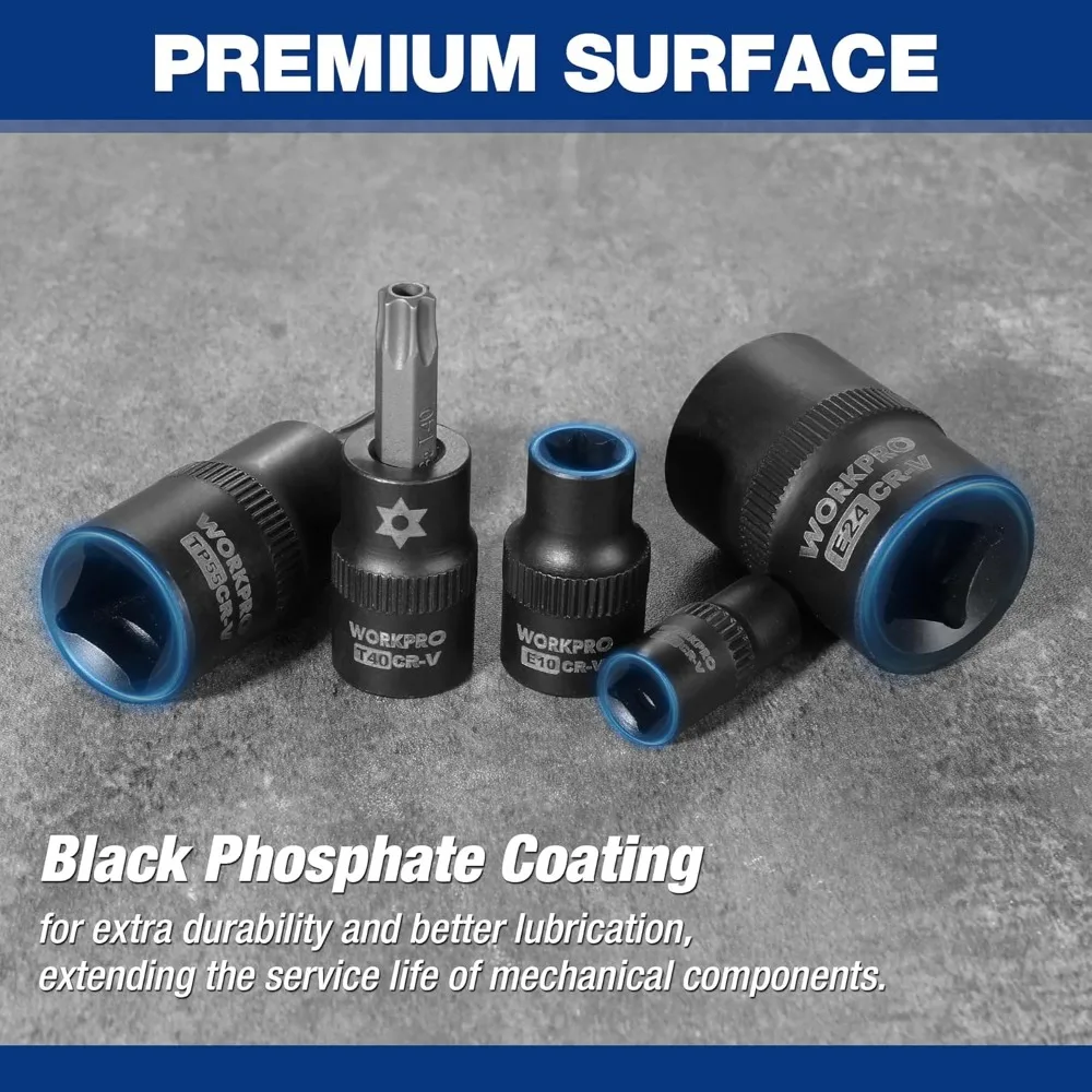 Conjunto de soquete torx de 60 peças com pontas de acionamento de 1/4", 3/8", 1/2", soquetes E4-E24, T6-T70, TT6-TT70, TP8-TP60 em aço durável