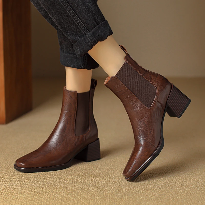 

Woman Short Boots Square Toe Retro Ankle Boots Cowhide British Style Spring Autumn Thick Heeled Elastic Band Ladies Shoes