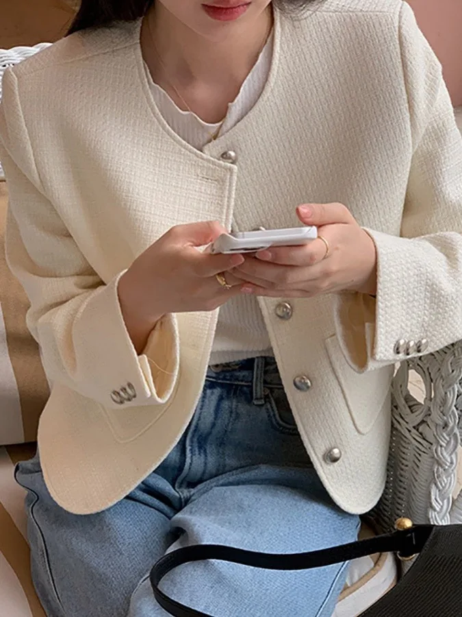 

Ele Chic круглая верхняя одежда Ne ort для женщин Silver Bule с металлической застежкой Fraance Sle Long Sve пальто обычной длины