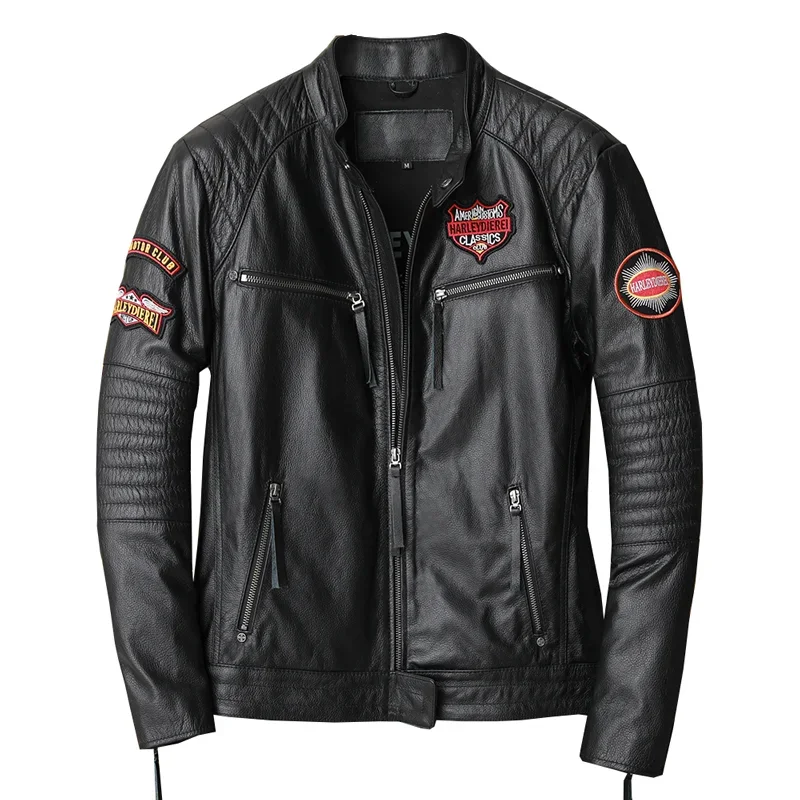 Black Windbreak Motorcycle Male Cowhide Leather Jacket 100% Natural Calf Skin Biker Embroidered Jacket For Men Autumn Winnter