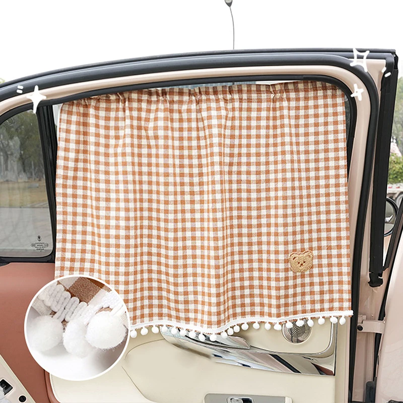 Universal Car Sun Shade Curtains Cute Cartoon Lattice Car Styling Rear Side Window Windshield Sunshade Protect Window Curtains