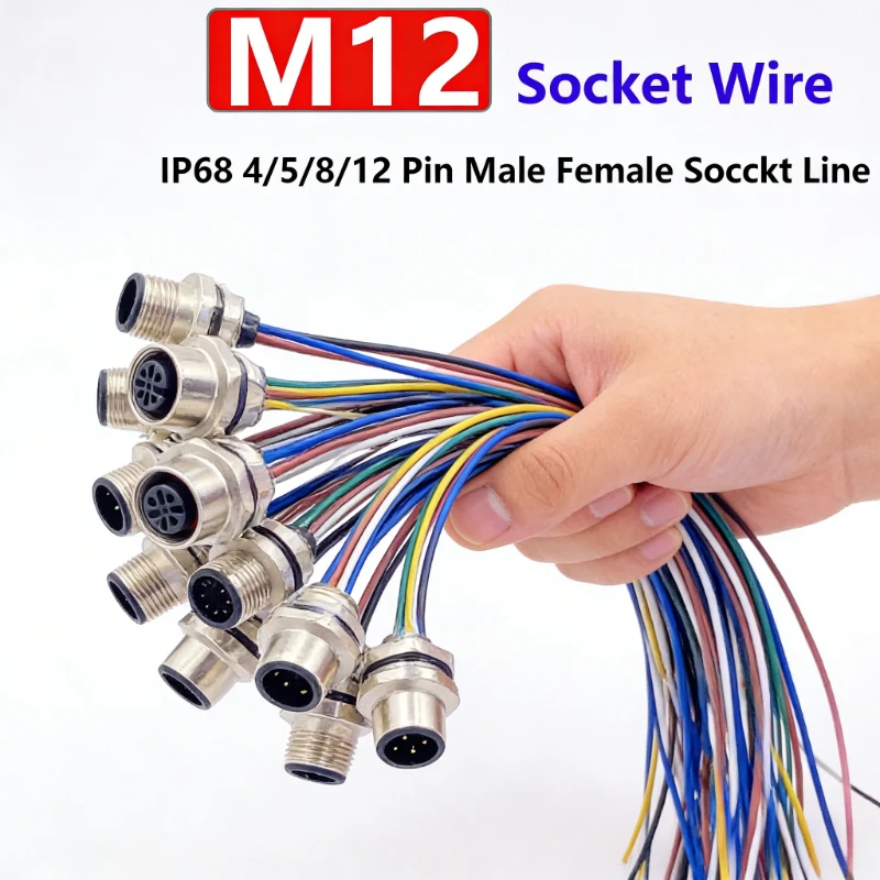

4 5 8 12 Pin M12 Male Female Connector Cable Waterproof IP68 Aviation Socket with 20CM Wire Open 12mm/16mm Panel Mount Sockets