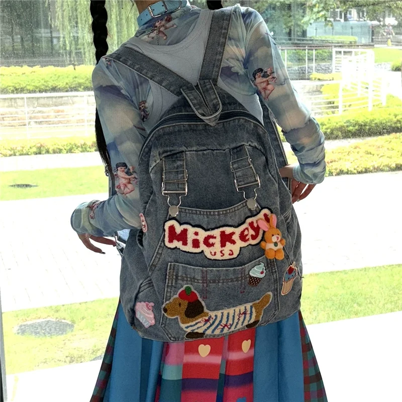 European/American Fashion Original Personalized Backpack Embroidered Cartoon Pattern Splicing Contrasting Color Travel Backpack