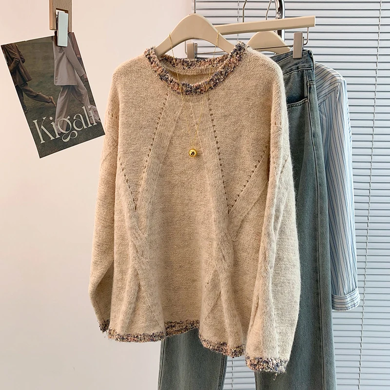 سترة غير رسمية للنساء 2025 جديدة بأكمام طويلة ورقبة دائرية بلوفرات متماسكة دافئة لخريف وشتاء ملابس كورية