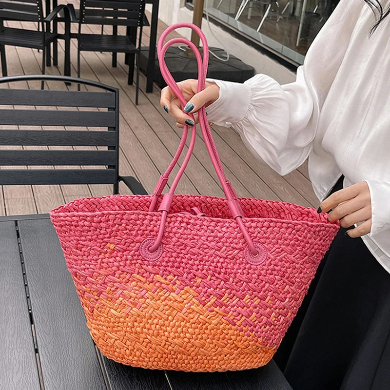 

Gradient Straw Woven Tote Bag, Large Capacity Beach Shoulder Purse, Casual Summer Vacation Travel Handbag with Leather Handle