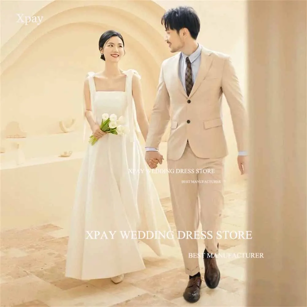 

XPAY Square Neck Korea A Line Wedding Dresses Wide Strap Elastic Satin Bridal Gown Photos Shoot Sleeveless Pleats Bride Dress