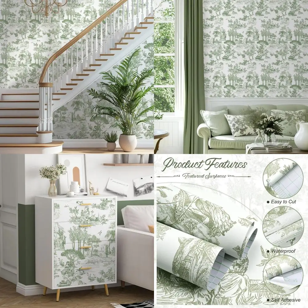 

Зелено-белые обои с рисунком туалета, 17,7 x 590, винтажный французский стиль для домашнего декора и стен