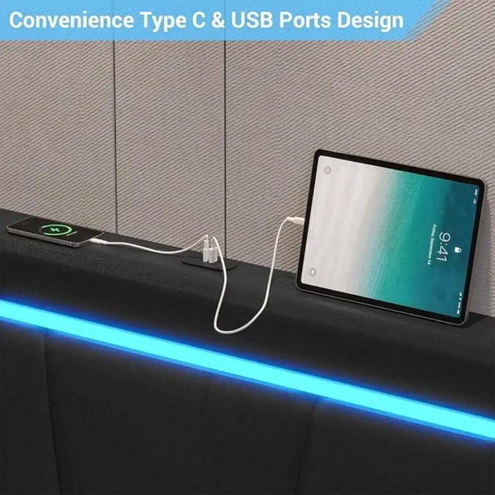 Estructura de cama de tamaño completo con 4 cajones de almacenamiento y plataforma tapizada de piel sintética, con puertos USB y cabecera LED ajustable, color blanco