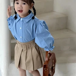 Korean Style Autumn Baby Girls Schoolwears Grey Khaki Knee Length Pleated Skirts Drawstring Kids Outwears