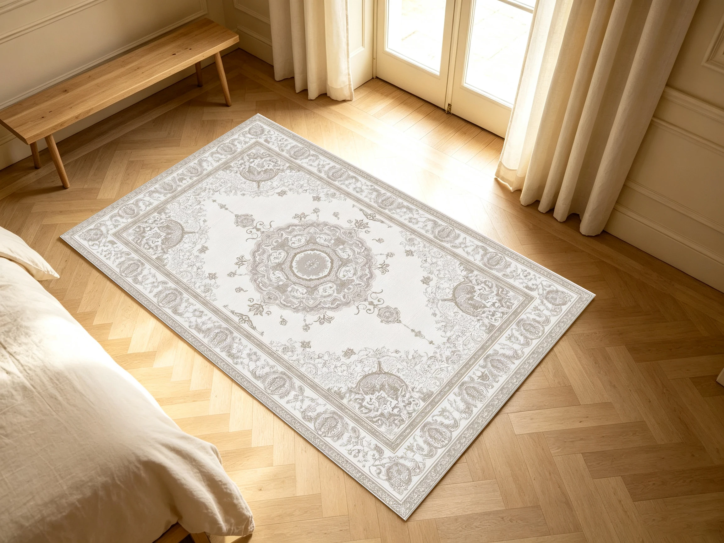 2D Carpet, Light Beige-Gray 2D Large Carpet with European Vintage Patterns, Exuding a Sense of Light Luxury   Soft to the Point Where…