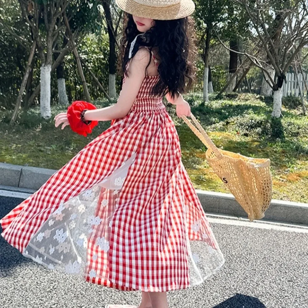 

Suspenders Children Plaid Dress Ruffled Princess Grid Long Dress with Mesh Lace Flower Long Girls Patchwork Skirt