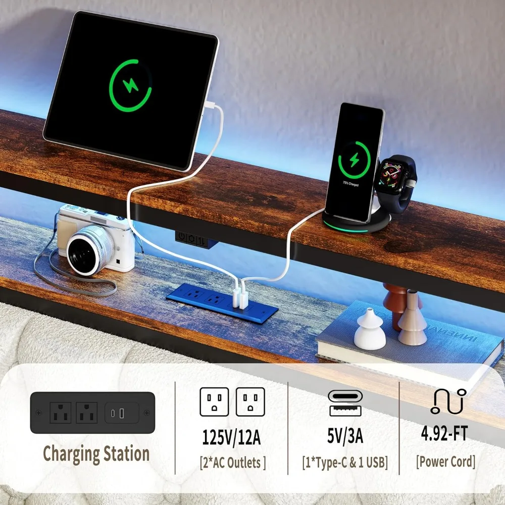 إطار سرير عائم كامل مع لوح رأسي، وإطارات سرير عائمة LED مع قاعدة شحن ومسند ظهر منجد، ورف تخزين