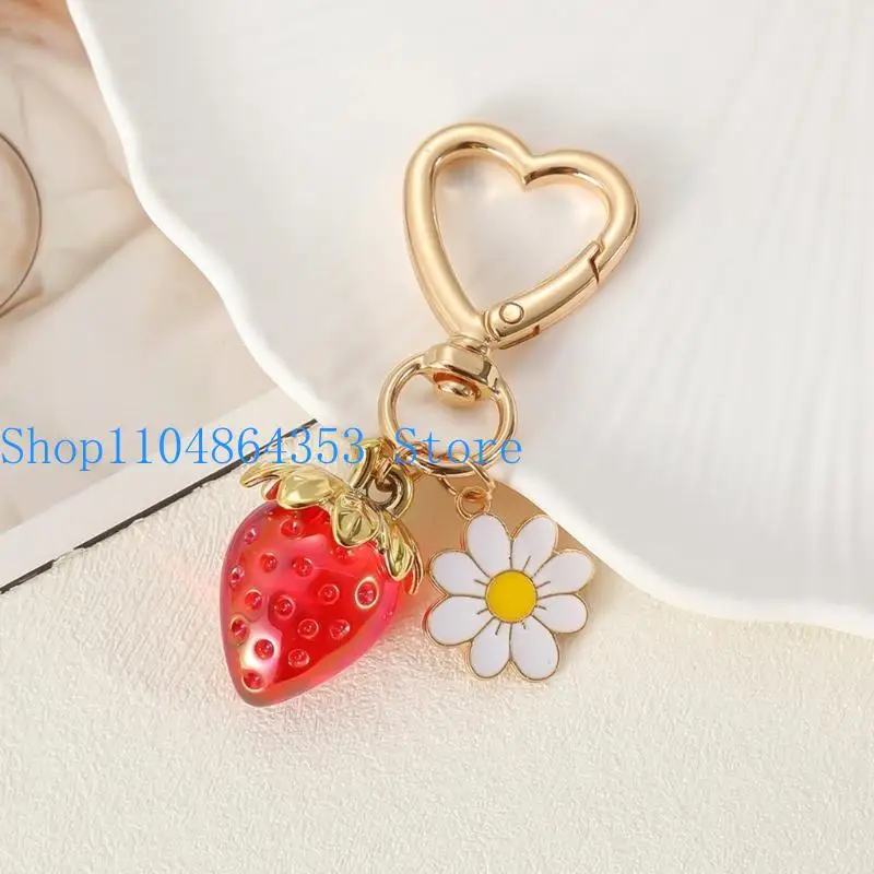 652F Erdbeer-Kaninchen-Blumen-Schlüsselanhänger, Legierung, Kunstharz, Taschenanhänger, Geschenkideen für Frauen und Mädchen – Detail 5