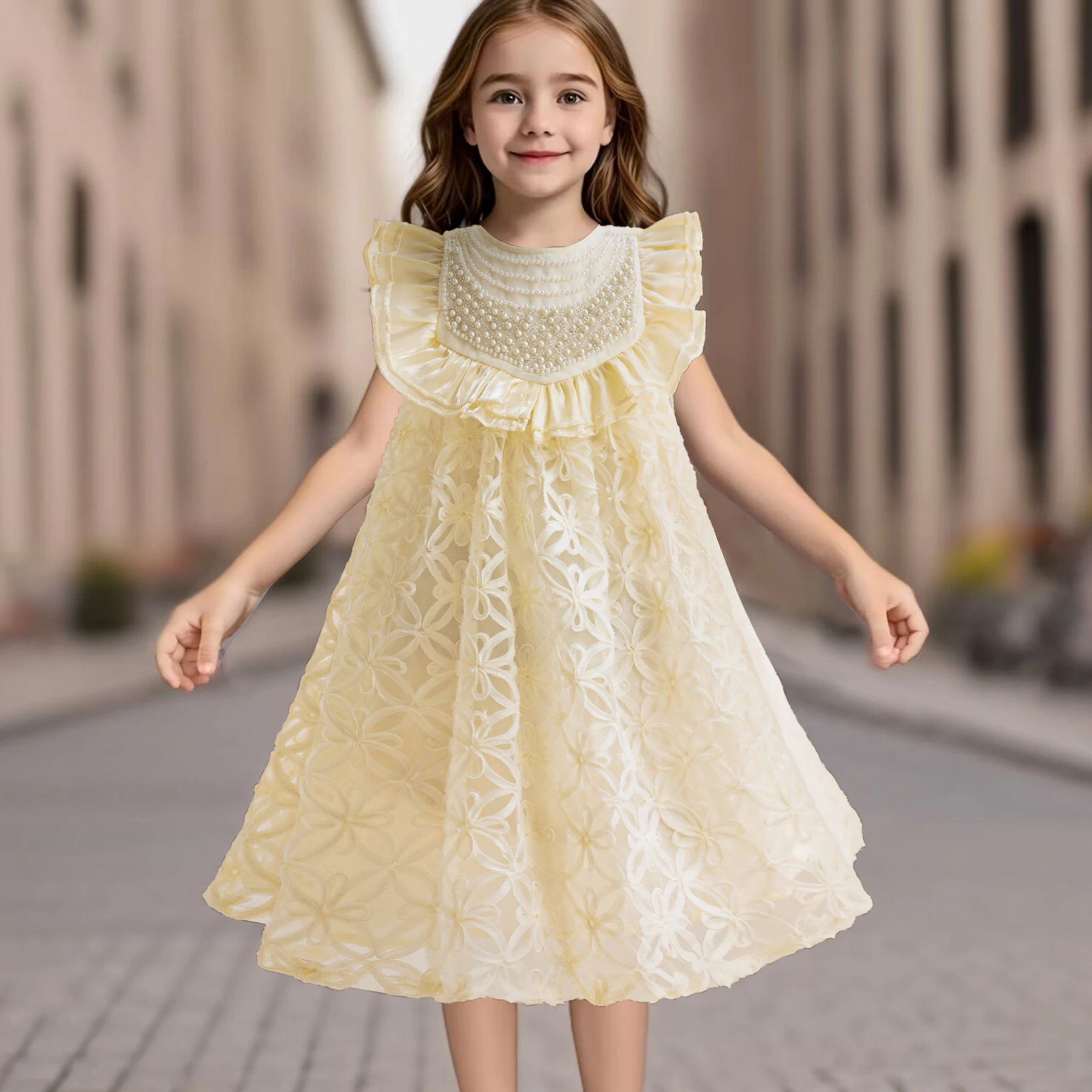 Leisure Girls Summer New Petal Plate Flower Dress Suitable for Little Girls Pearl Decoration Lace Sleeveless Princess Dress