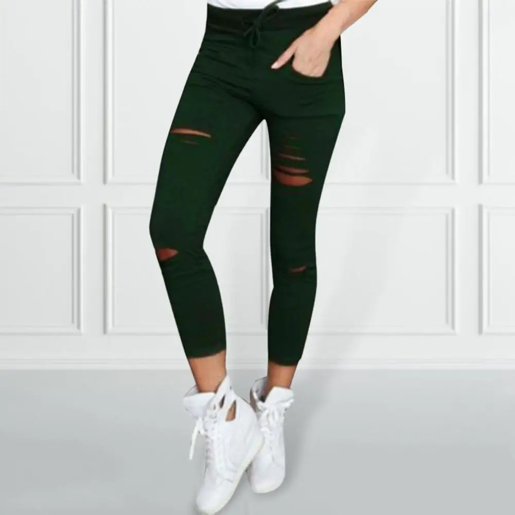 Pantalones ajustados con cintura elástica para mujer, pantalones de lápiz con cordón ajustable, Leggings de Color sólido, agujeros rasgados para diario