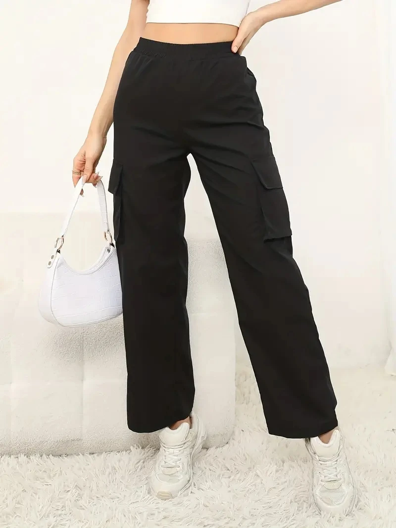

Women Elastic Waist Cargo Solid Full Length Sporty All-Season High Waist Pants