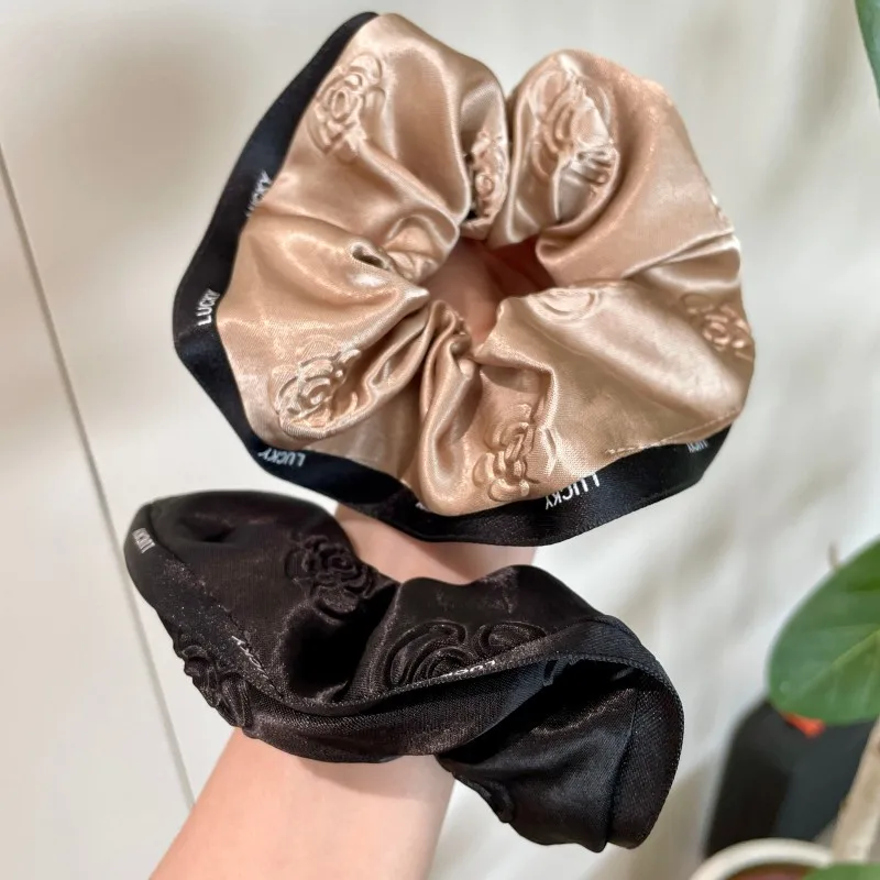 

French Elegance Black champagne color Camellia Scrunchie - Premium Chic Hair Tie for Women's Fashion