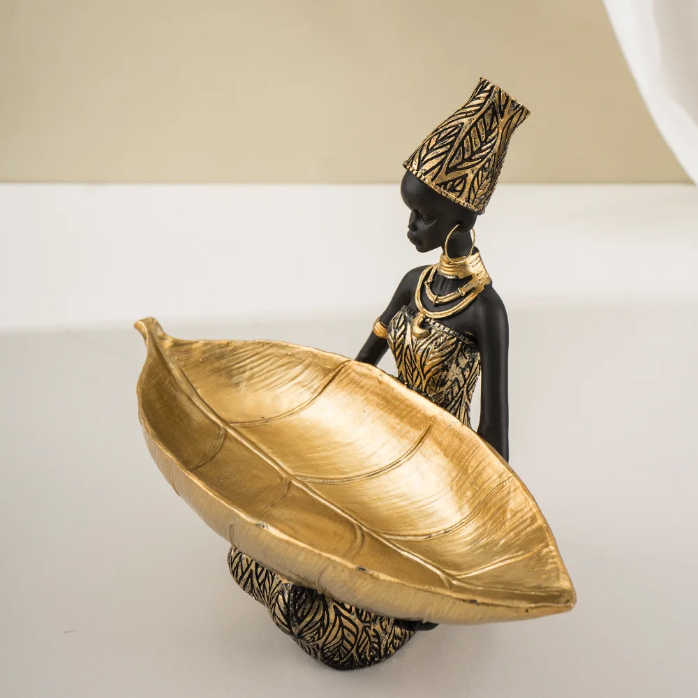 

RAKKS New African Black Women Sculpture Creative Tray Storage Decoration Home Living Room Porch Desktop Resin Crafts