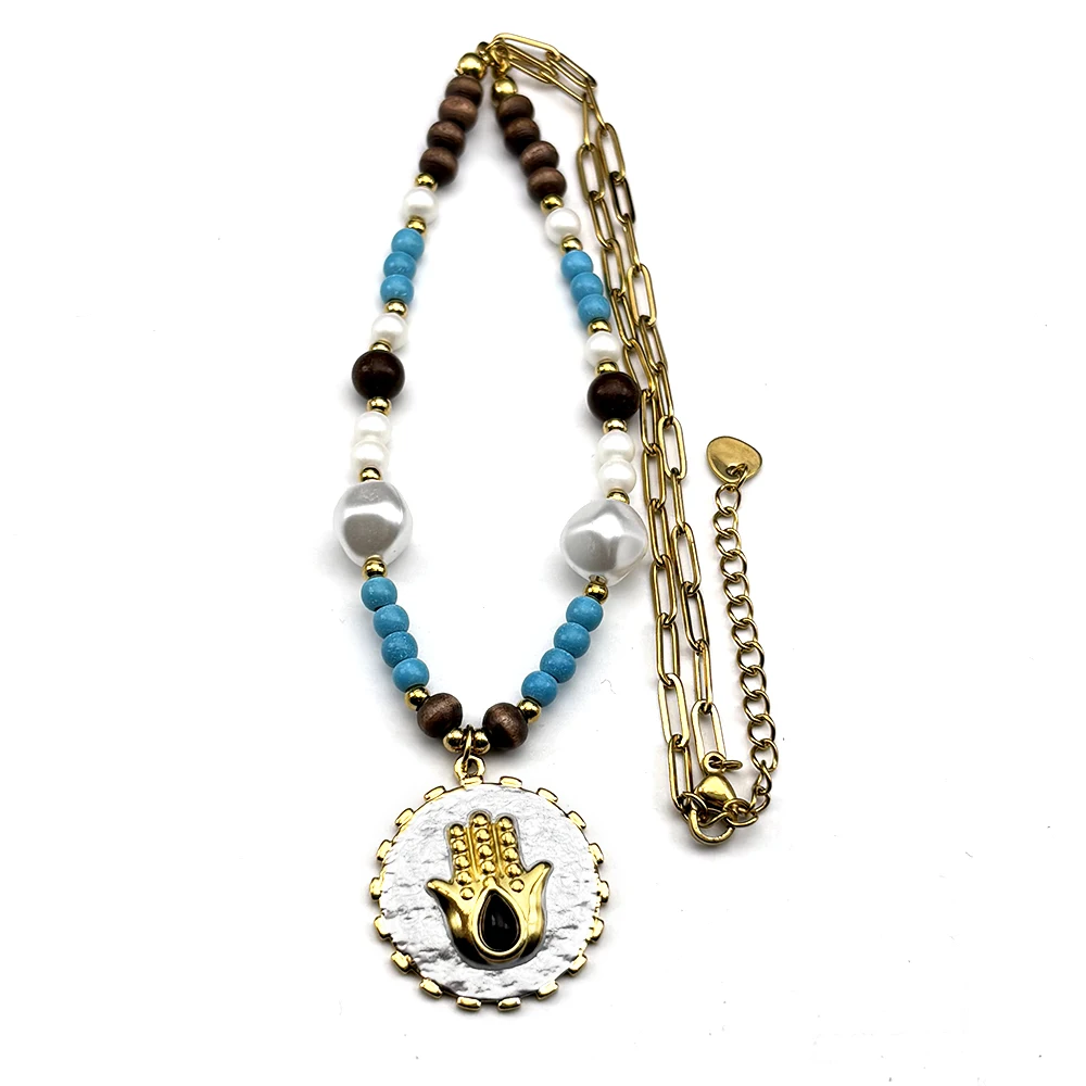 

Bohemian Natural Stone Beaded Hamsa Hand Pendant Necklace For Women Stainless Steel Choker Chain Aesthetic Boho Jewelry Gift