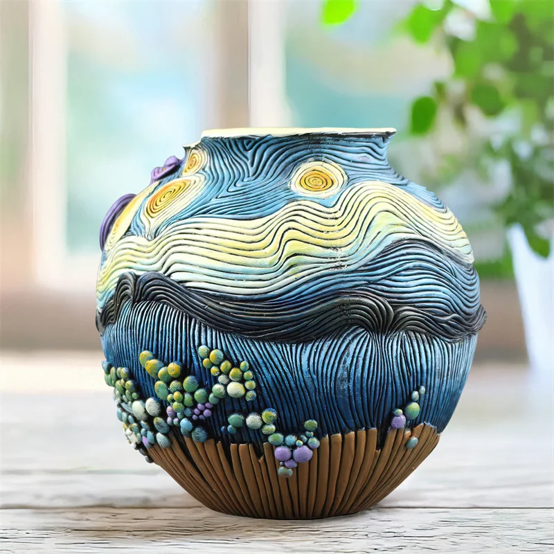 Starry Night Flower Pot Colorful Modern Art Vase Handmade Resin Planters With Drainage Hole For Home Art Decor